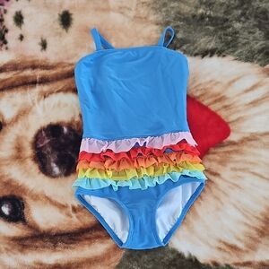 Hanna Andersson Bright Blue Girls One-Piece Swimsuit with Rainbow Ruffles Size 4